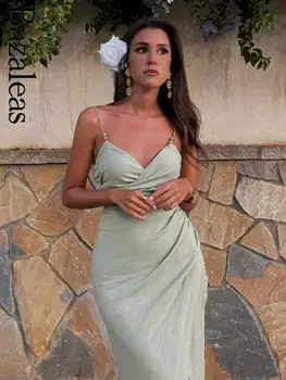 2023 Bazaleas חנות Traf שמלות ללא משענת שמלת ערב ירוקה Midi מסיבת קפלים הרשמי