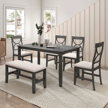6 חתיכות עץ שולחן האוכל סט שולחן המטבח עם סט ריפוד ספסל ו-4 כסאות אוכל, בסגנון בית חווה