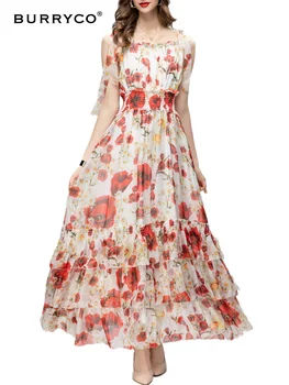 BURRYCO נשים החדשה של 2023 סתיו עיצוב מקורי תחרה כתף הדפסה אלסטי המותניים רזה שמלה