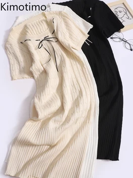 Kimotimo סרוגים שרוול קצר שמלת נשים קיץ U צווארון עניבת פרפר סלים מעוות סוודר שמלות קוריאנית אביזרי סגנון מתוק החלוק