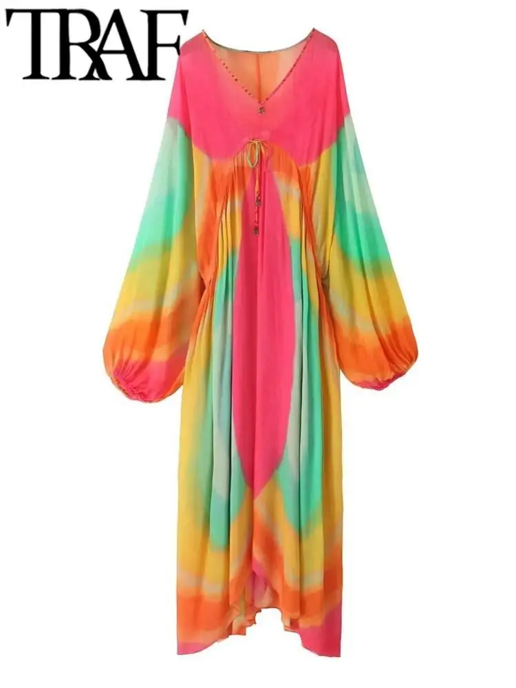 TRAF האישה אופנה חרוזים לקשור את צבע השמלה מזדמנים V צוואר רופף Lartern שרוול Midi שמלות ארוכות Vestidos החלוק 2023 - 0