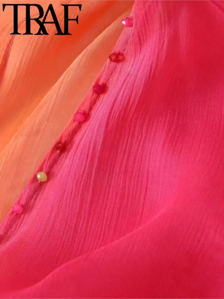 TRAF האישה אופנה חרוזים לקשור את צבע השמלה מזדמנים V צוואר רופף Lartern שרוול Midi שמלות ארוכות Vestidos החלוק 2023 - 1