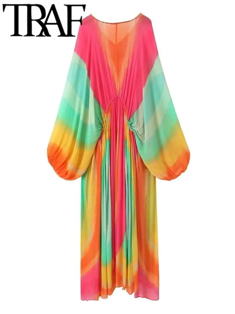 TRAF האישה אופנה חרוזים לקשור את צבע השמלה מזדמנים V צוואר רופף Lartern שרוול Midi שמלות ארוכות Vestidos החלוק 2023 - 2