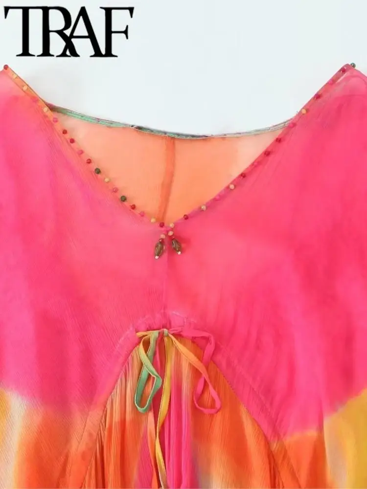 TRAF האישה אופנה חרוזים לקשור את צבע השמלה מזדמנים V צוואר רופף Lartern שרוול Midi שמלות ארוכות Vestidos החלוק 2023 - 5