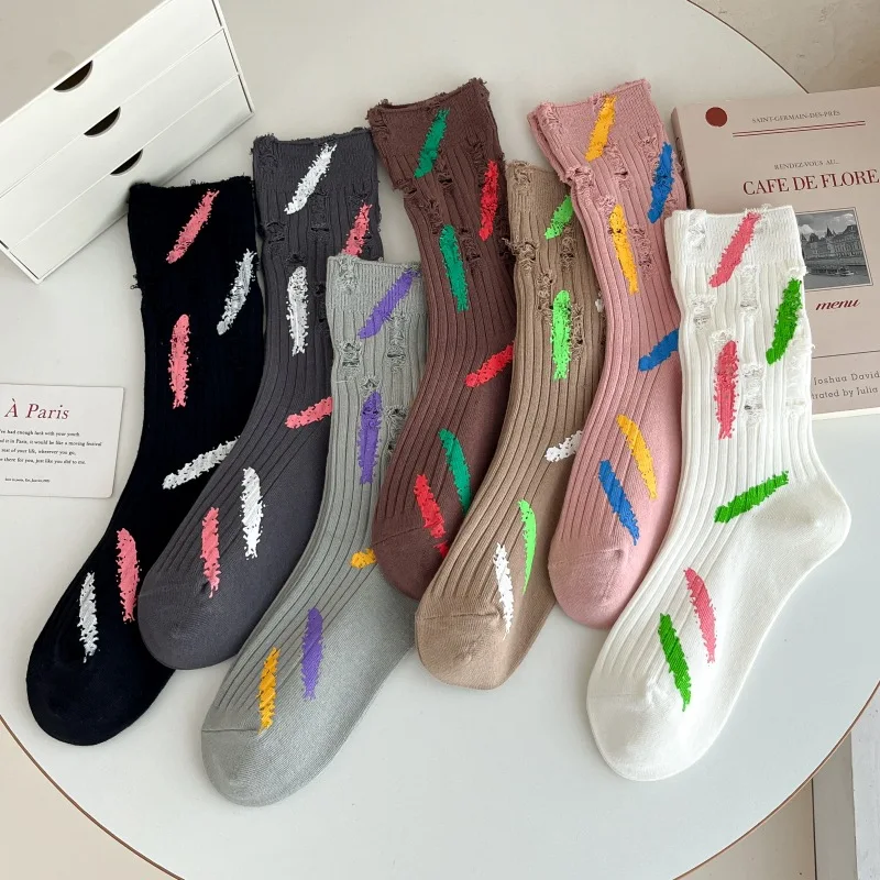 ההדפסה הצבעונית נשים גרבי כותנה משובח Harajuku אופנת רחוב אלסטיות גרביים ארוכות קוריאה אופנה סריגה כותנה חור גרביים סוקס - 0