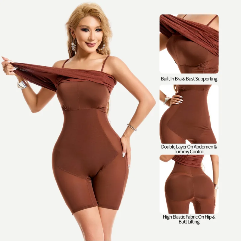נשים נמוך הצוואר Midi שמלה ללא משענת שרוולים Bodycon הבטן הידוק הרמת ישבן סקסי 2 ב 1 לעיצוב הגוף בגד גוף - 3