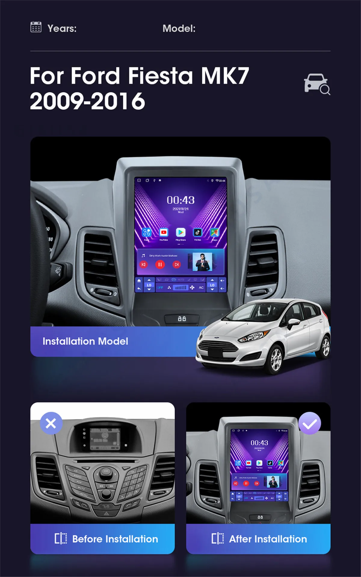 רדיו במכונית על פורד פיאסטה 2009 - 2016 טסלה סגנון מסך נגן מולטימדיה לרכב לשחק חכם מערכת אנדרואיד 13 אוטומטי אודיו - 1