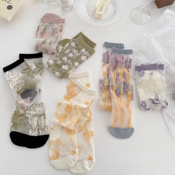 אולטרה דק-גביש שקוף משי גרביים חדשים פרחוני מתוק, חמוד, יפנית בקיץ גרב נשים באמצע צינור אלסטי צבע קרם גרביים