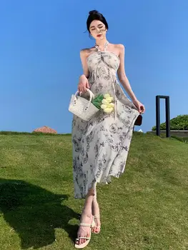 בציר בוהו רשת הדפסה Midi שמלה נשים קיץ ללא משענת שרוולים עם קפלים שמלה בנות אלגנטי אופנה סלים סקסי שמלות ערב