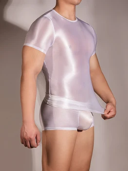 גברים ארוטי חולצה צמודה סקסית סופר אלסטי האפוד שרוול קצר הפיתוי העצום רואה דרך לנשימה פיג ' מה מקסימום הומו ללבוש.