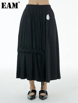 [ידה] נשים שחור שרוך סדיר קפלים חצי גוף גבוהה אלסטי המותניים חצאית אופנה גאות חדש האביב הסתיו 2023 1DF9198
