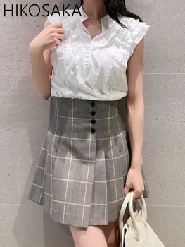כפתורים גבוה מותן קפלים נשים חצאיות יפן סגנון שיק Kawaii כל-התאמה משובצת מיני לראשונה חצאית נשית 2023 סתיו חדש Faldas Mujer