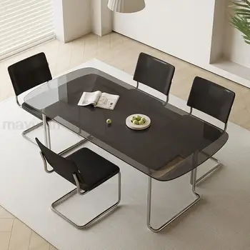 מודרני מינימליסטי חדר האוכל ערכות מלבן מזג שולחן זכוכית שחורה פלדת אל שולחן האוכל במטבח Mesas ריהוט גן