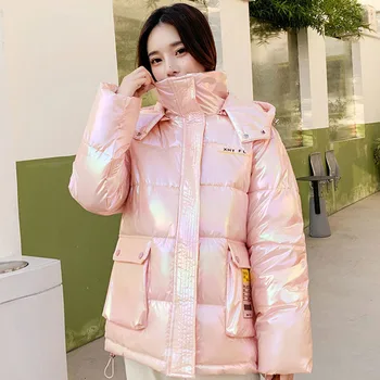 מעטה מבריק מול נשים קצר והברדסים אופנה אלגנטית רחוב קוריאני הדפסה חם מעיל חורף נקבה לעבות מזדמן מעיל