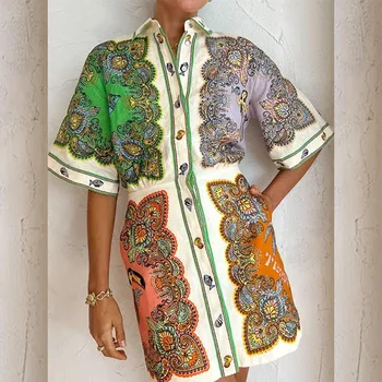 נשים הדפסה שמלת מיני Turn-למטה צווארון, חצי שרוול יחיד חופשת הקיץ מונטאז ' שמלת קיץ גבוהה המותניים חוף צבעוני החלוק 2023