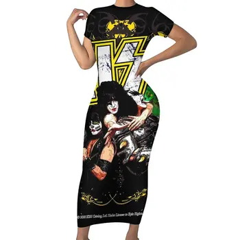 נשיקה הלהקה שמלה שרוול קצר בצבע צהוב ושחור Kawaii שמלות מקסי קיץ אסתטי עיצוב שמלת Bodycon 3XL 4XL 5XL