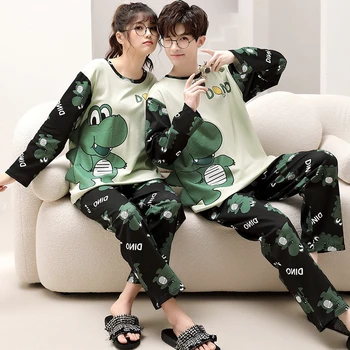 סתיו זוגות הלבשת לילה נשים גברים פיג 'מות להגדיר קוריאנית חופשי יוניסקס Pijamas Mujer קריקטורה דינוזאור ארוך שרוול פיג' מות כותנה