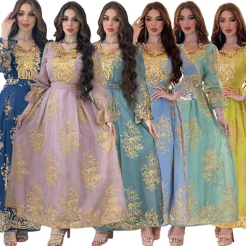 עיד גלימה החלוק שמלת ערב האסלאמית בגדים המוסלמים השמלה Abaya נשים רקום Kaftan שרוול ארוך Jalabiya צד שמלות