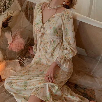 רטרו צרפתי ארמון בסגנון Nightdress חלוק הרחצה שמלת נקבה זמן כתונת הלבשת לילה חופשי הדפס פרחים תחרה הביתה ללבוש Nightwear