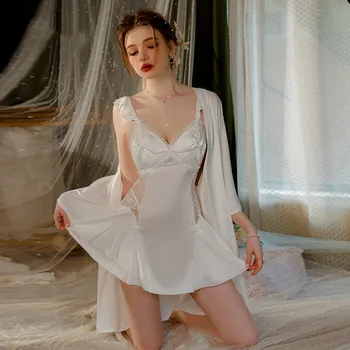 תחרה 2PC Nightwear להגדיר נשים חלוק חלוק סקסי הרצועה ללא משענת Nightdress הקיץ V-צוואר לישון חליפת קימונו Nighties Homewear